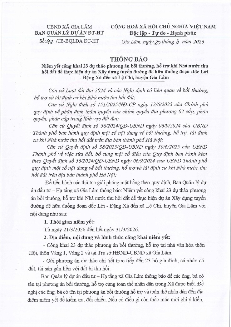 Thông báo niêm yết công khai 23 dự thảo phương án bồi thường, hỗ trợ khi Nhà nước thu hồi đất để thực hiện dự án Xây dựng tuyến đường đê hữu đuống đoạn dốc Lời - Đặng Xá đến xã Lệ Chi, huyện Gia Lâm. - Ảnh 1.