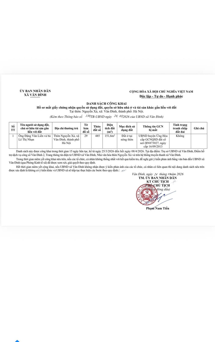 Thông báo V/v Công khai hồ sơ mất Giấy chứng nhận quyền sử dụng đất, quyền sở hữu nhà ở và tài sản khác gắn liền với đất của ông Đặng Văn Liền và bà Lê
Thị Nhạn, địa chỉ tại thôn Nguyễn Xá, xã Vân Đình- Ảnh 2.