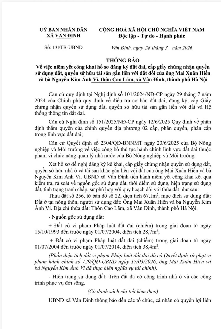 Thông báo về việc niêm yết công khai hồ sơ đăng ký đất đai, cấp giấy chứng nhận quyền sử dụng đất, quyền sở hữu tài sản gắn liền với đất đối của ông Mai Xuân Hiến
và bà Nguyễn Kim Ánh Vi, thôn Cao Lãm, xã Vân Đình- Ảnh 1.