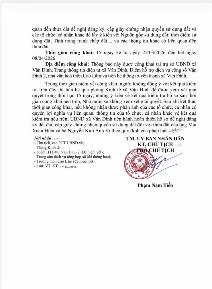 Thông báo về việc niêm yết công khai hồ sơ đăng ký đất đai, cấp giấy chứng nhận quyền sử dụng đất, quyền sở hữu tài sản gắn liền với đất đối của ông Mai Xuân Hiến
và bà Nguyễn Kim Ánh Vi, thôn Cao Lãm, xã Vân Đình- Ảnh 2.