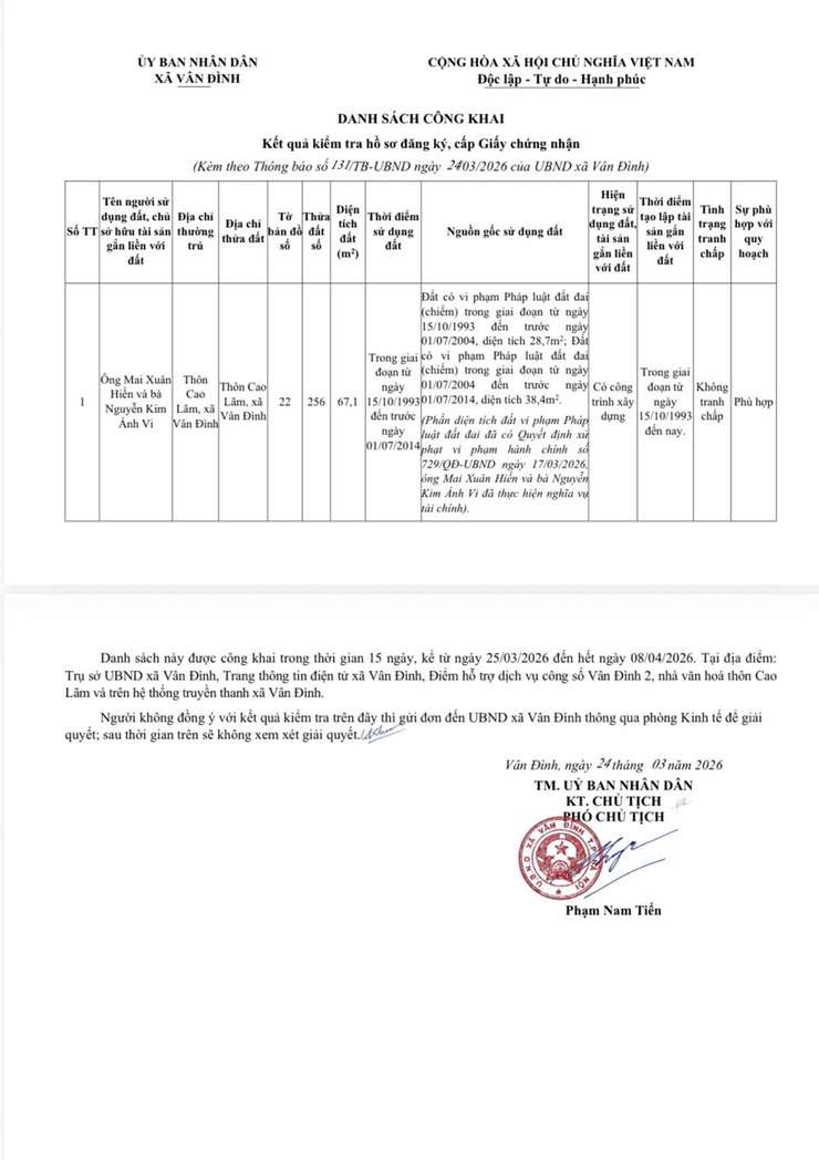 Thông báo về việc niêm yết công khai hồ sơ đăng ký đất đai, cấp giấy chứng nhận quyền sử dụng đất, quyền sở hữu tài sản gắn liền với đất đối của ông Mai Xuân Hiến
và bà Nguyễn Kim Ánh Vi, thôn Cao Lãm, xã Vân Đình- Ảnh 3.