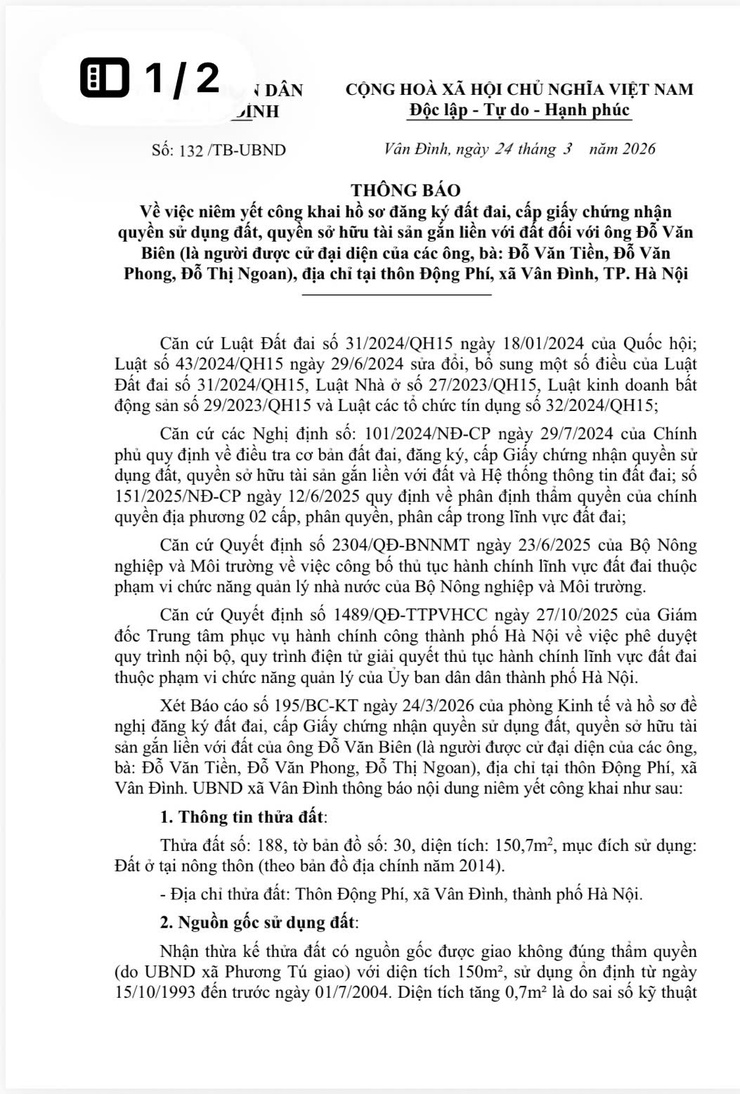 Thông báo về việc niêm yết công khai hồ sơ đăng ký đất đai, cấp giấy chứng nhận quyền sử dụng đất, quyền sở hữu tài sản gắn liền với đất đối với ông Đỗ Văn
Biên- Ảnh 1.