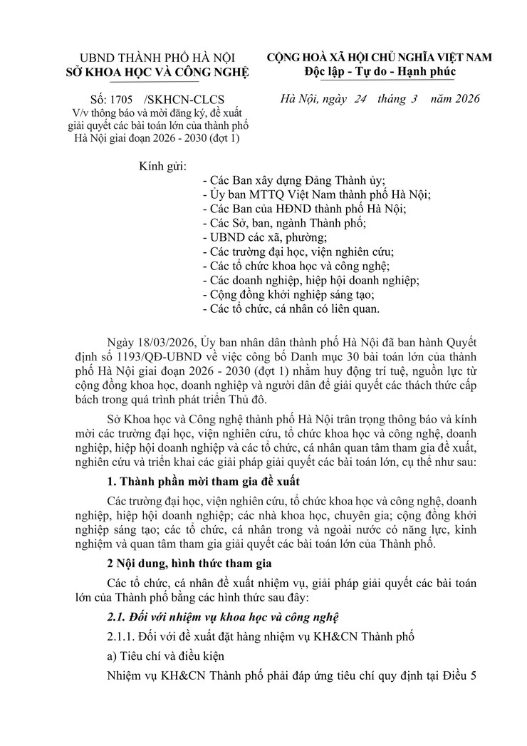 Thành phố Hà Nội thông báo và mời đăng ký, đề xuất giải quyết các bài toán lớn của thành phố Hà Nội giai đoạn 2026 - 2030 (đợt 1)- Ảnh 1.