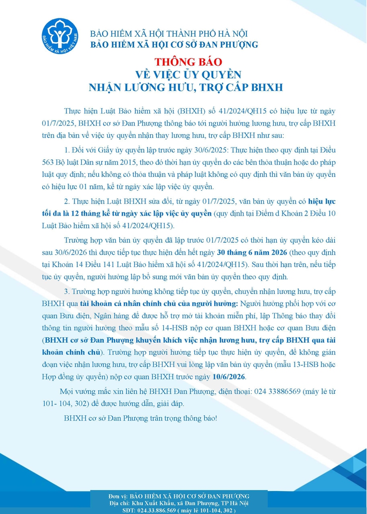 Thông báo về việc ủy quyền nhận lương hưu, trợ cấp Bảo hiểm xã hội- Ảnh 1.