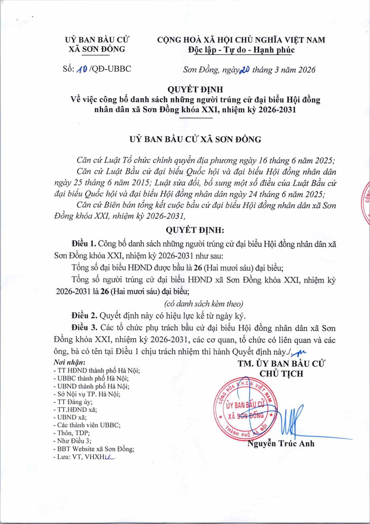 Danh sách những người trúng cử đại biểu Hội đồng nhân dân xã Sơn Đồng khóa XXI, nhiệm kỳ 2026 - 2031- Ảnh 1.
