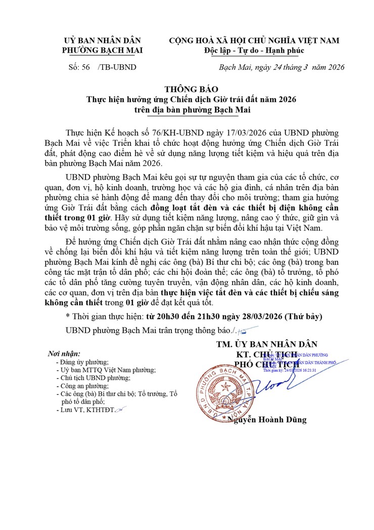 Thông báo thực hiện hưởng ứng Chiến dịch Giờ trái đất năm 2026 trên địa bàn phường Bạch Mai- Ảnh 1.