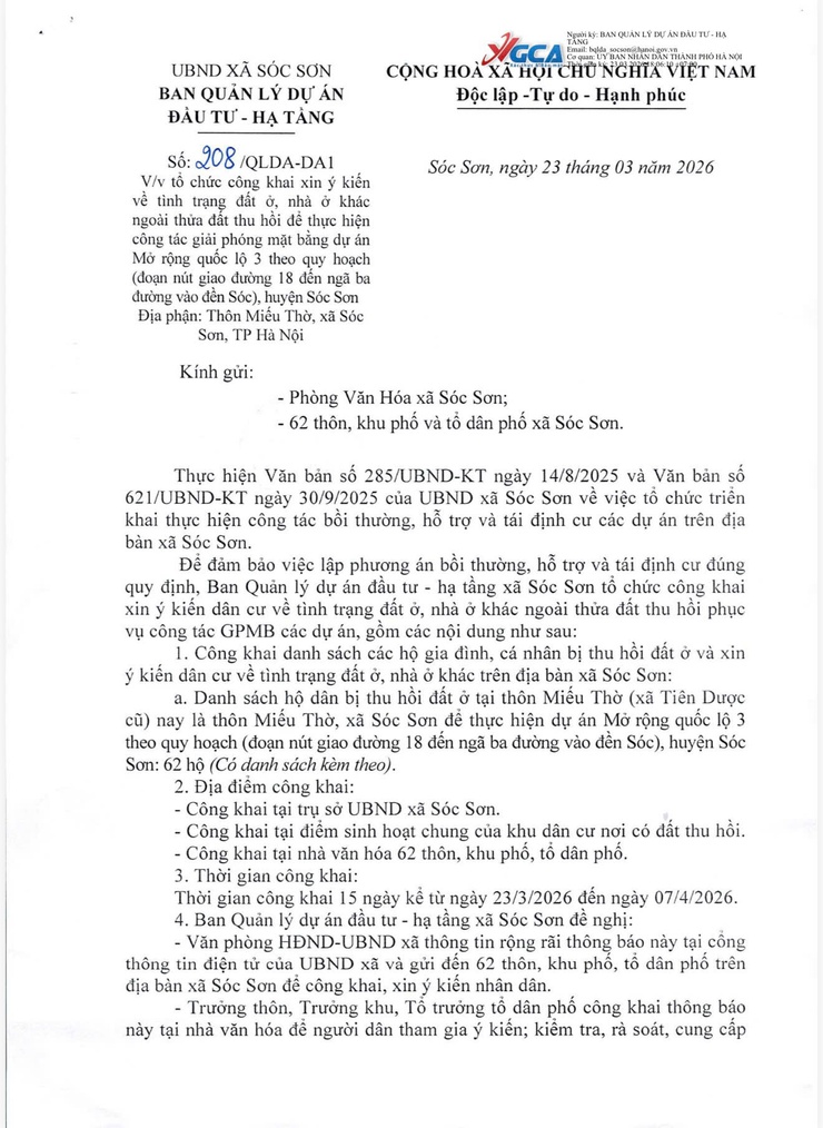Xã Sóc Sơn tổ chức công khai xin ý kiến về tình trạng đất ở, nhà ở khác ngoài thửa đất thu hồi để thực hiện công tác giải phóng mặt bằng dự án mở rộng quốc lộ 3 theo quy hoạch.- Ảnh 1.