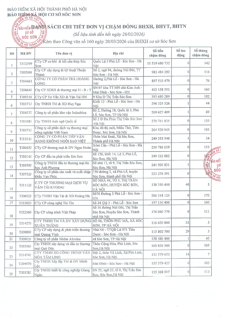 DANH SÁCH CÁC ĐƠN VỊ CHẬM ĐÓNG BHXH, BHYT, BHTN- Ảnh 1.