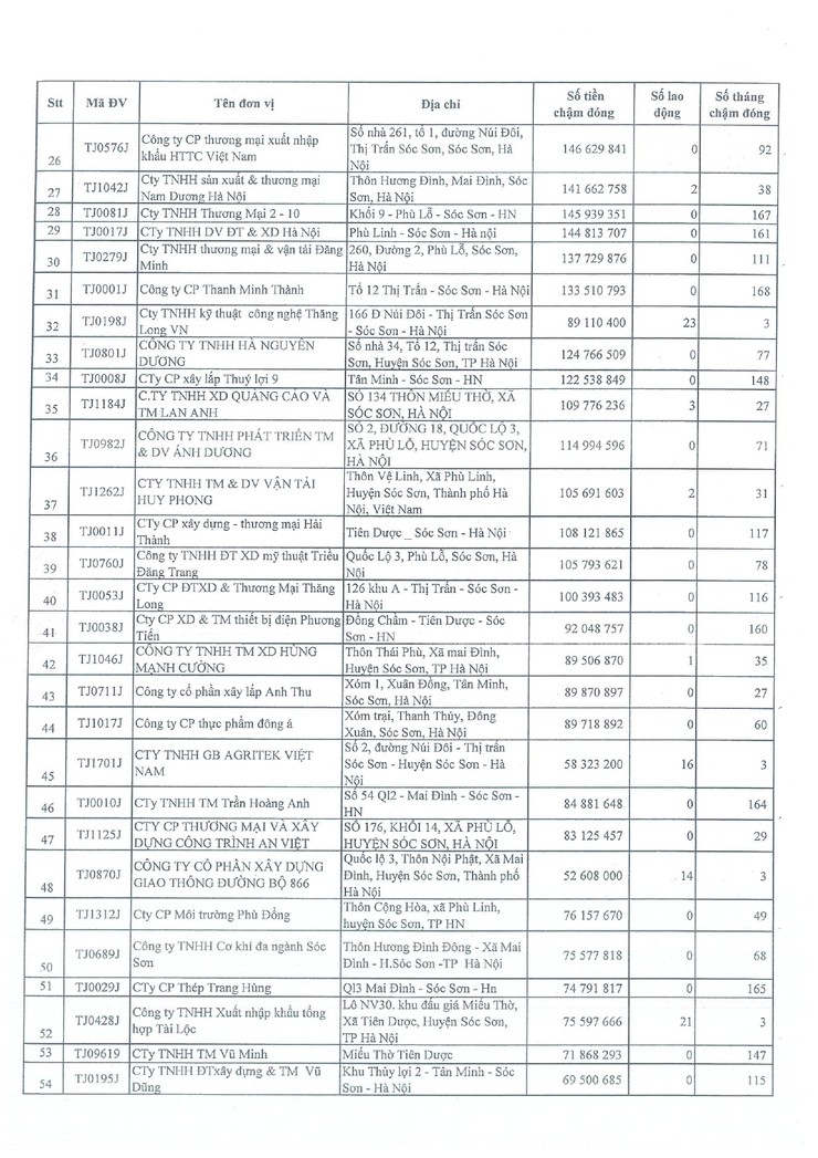 DANH SÁCH CÁC ĐƠN VỊ CHẬM ĐÓNG BHXH, BHYT, BHTN- Ảnh 2.