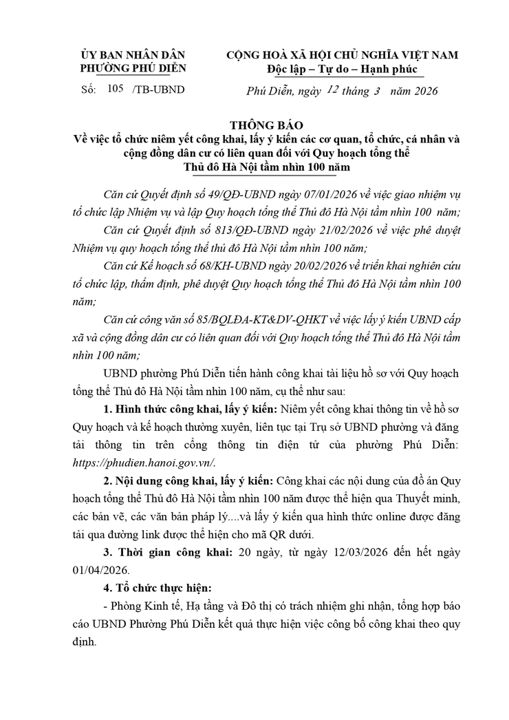 Phường Phú Diễn thông báo việc tổ chức niêm yết công khai, lấy ý kiên các cơ quan, tổ chức, cá nhân và cộng đồng dân cư có liên quan đối với Quy hoạch tổng thể Thủ đô Hà Nội tầm nhìn 100 năm- Ảnh 1.