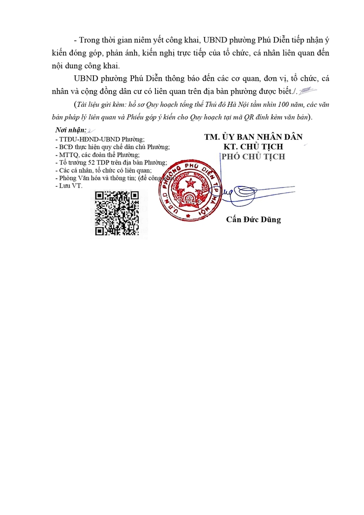 Phường Phú Diễn thông báo việc tổ chức niêm yết công khai, lấy ý kiên các cơ quan, tổ chức, cá nhân và cộng đồng dân cư có liên quan đối với Quy hoạch tổng thể Thủ đô Hà Nội tầm nhìn 100 năm- Ảnh 2.