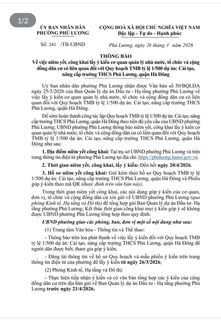 Thông báo về việc niêm yết, công khai lấy ý kiến cơ quan quản lý nhà nước, tổ chức và cộng đồng dân cư có liên quan đối với Quy hoạch TMB tỷ lệ 1/500 dự án: Cải tạo nâng cấp trường THCS Phú Lương, Quận Hà Đông.- Ảnh 1.