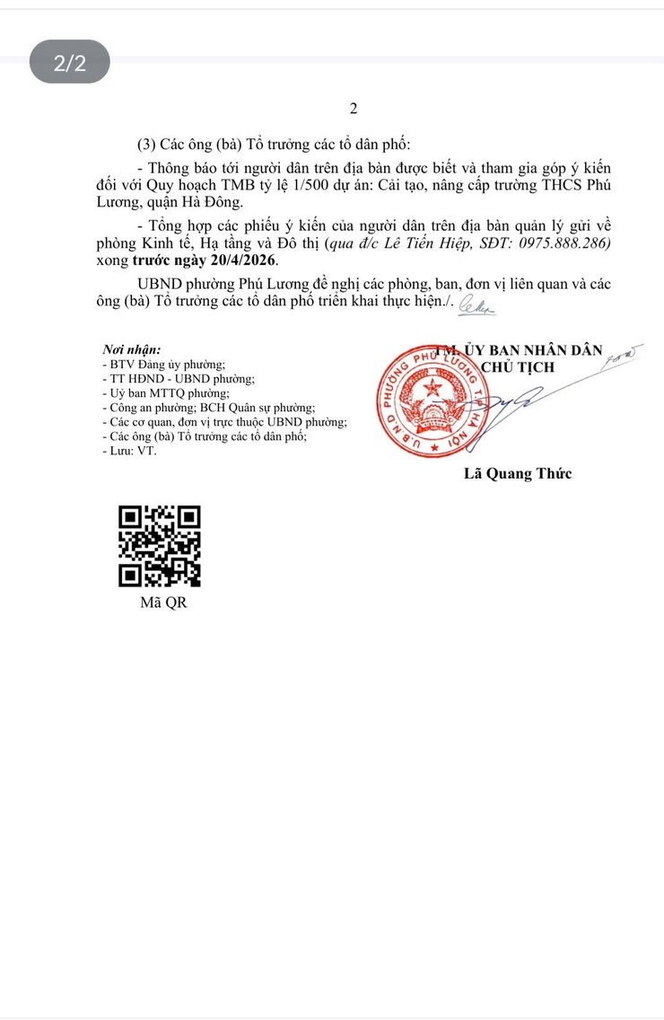 Thông báo về việc niêm yết, công khai lấy ý kiến cơ quan quản lý nhà nước, tổ chức và cộng đồng dân cư có liên quan đối với Quy hoạch TMB tỷ lệ 1/500 dự án: Cải tạo nâng cấp trường THCS Phú Lương, Quận Hà Đông.- Ảnh 2.