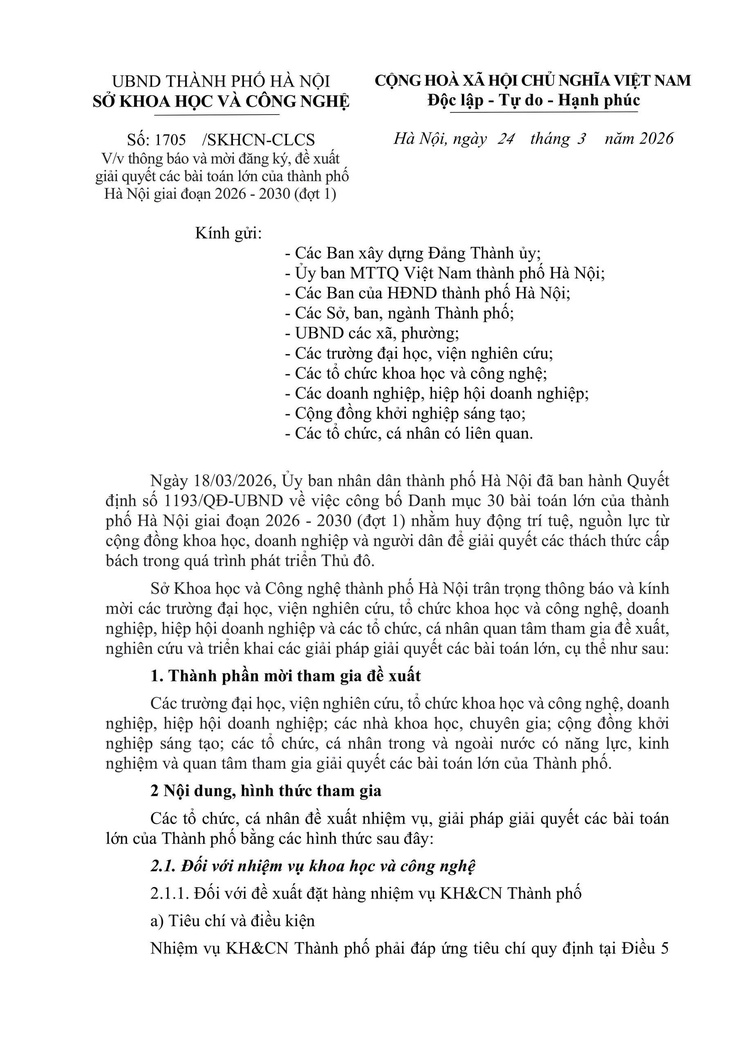 Thành phố Hà Nội thông báo và mời đăng ký, đề xuất giải quyết các bài toán lớn của thành phố Hà Nội giai đoạn 2026 - 2030 (đợt 1)- Ảnh 1.