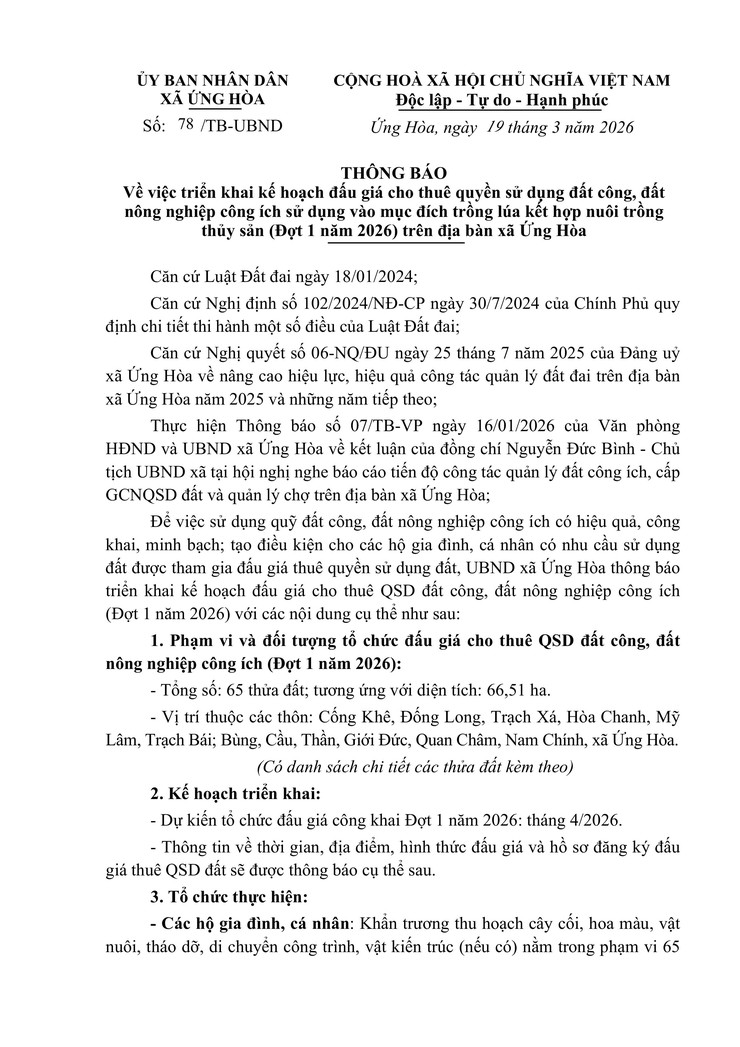 UBND XÃ ỨNG HÒA TRIỂN KHAI KẾ HOẠCH ĐẤU GIÁ CHO THUÊ QUYỀN SỬ DỤNG ĐẤT CÔNG ÍCH ĐỢT 1 NĂM 2026.- Ảnh 1.