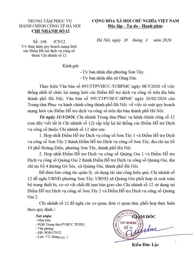 Chi nhánh Trung tâm Phục vụ hành chính công số 12
 sắp xếp lại hệ thống các Điểm Hỗ trợ Dịch
vụ công số thuộc Chi nhánh số 12 - Ảnh 1.