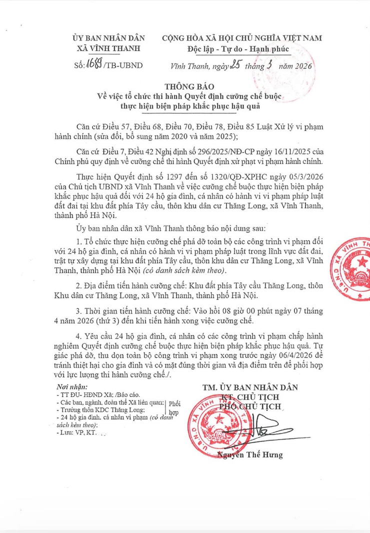 XÃ VĨNH THANH THÔNG BÁO TỔ CHỨC CƯỠNG CHẾ THI HÀNH QUYẾT ĐỊNH KHẮC PHỤC HẬU QUẢ VI PHẠM ĐẤT ĐAI- Ảnh 1.