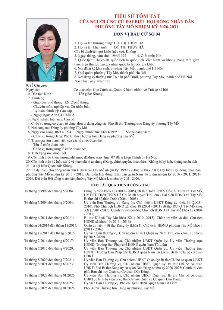 TIỂU SỬ TÓM TẮT
CỦA NGƯỜI ỨNG CỬ ĐẠI BIỂU HỘI ĐỒNG NHÂN DÂN PHƯỜNG TÂY MỖ NHIỆM KỲ 2026-2031
ĐƠN VỊ BẦU CỬ SỐ 04- Ảnh 1.