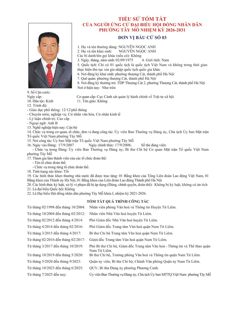 TIỂU SỬ TÓM TẮT
CỦA NGƯỜI ỨNG CỬ ĐẠI BIỂU HỘI ĐỒNG NHÂN DÂN PHƯỜNG TÂY MỖ NHIỆM KỲ 2026-2031
ĐƠN VỊ BẦU CỬ SỐ 03- Ảnh 1.