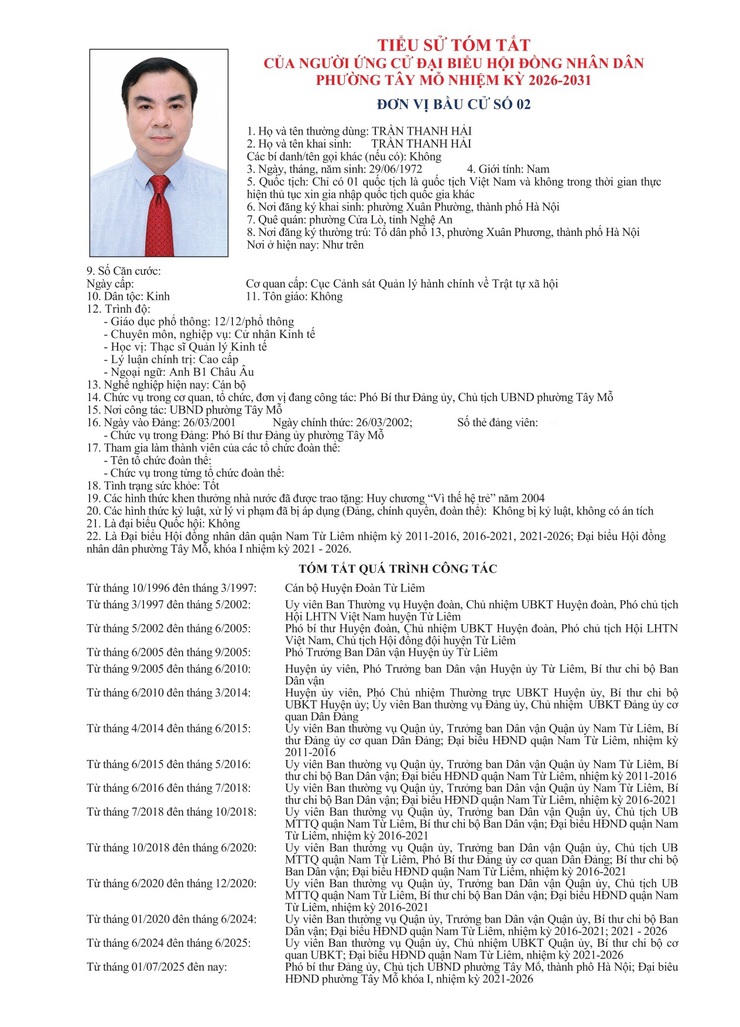 TIỂU SỬ TÓM TẮT
CỦA NGƯỜI ỨNG CỬ ĐẠI BIỂU HỘI ĐỒNG NHÂN DÂN PHƯỜNG TÂY MỖ NHIỆM KỲ 2026-2031
ĐƠN VỊ BẦU CỬ SỐ 02- Ảnh 1.