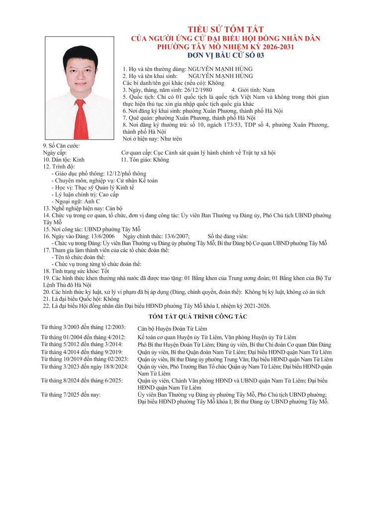TIỂU SỬ TÓM TẮT
CỦA NGƯỜI ỨNG CỬ ĐẠI BIỂU HỘI ĐỒNG NHÂN DÂN PHƯỜNG TÂY MỖ NHIỆM KỲ 2026-2031
ĐƠN VỊ BẦU CỬ SỐ 03- Ảnh 2.