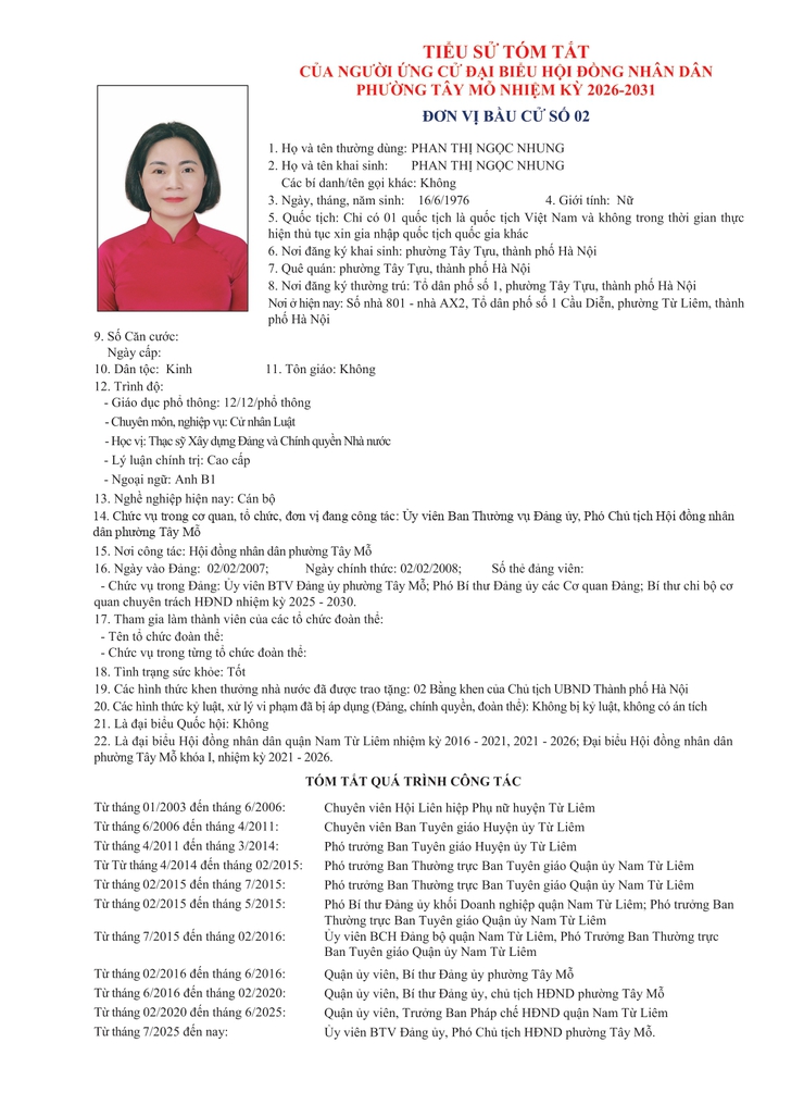 TIỂU SỬ TÓM TẮT
CỦA NGƯỜI ỨNG CỬ ĐẠI BIỂU HỘI ĐỒNG NHÂN DÂN PHƯỜNG TÂY MỖ NHIỆM KỲ 2026-2031
ĐƠN VỊ BẦU CỬ SỐ 02- Ảnh 2.