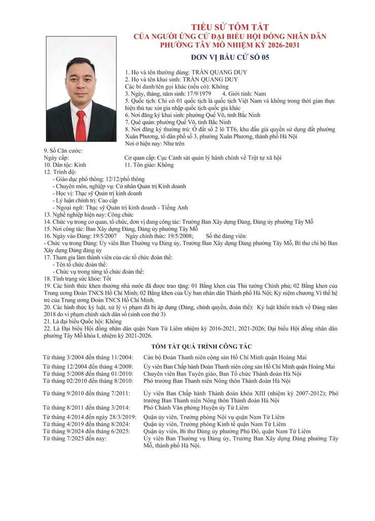 TIỂU SỬ TÓM TẮT
CỦA NGƯỜI ỨNG CỬ ĐẠI BIỂU HỘI ĐỒNG NHÂN DÂN PHƯỜNG TÂY MỖ NHIỆM KỲ 2026-2031
ĐƠN VỊ BẦU CỬ SỐ 05- Ảnh 2.