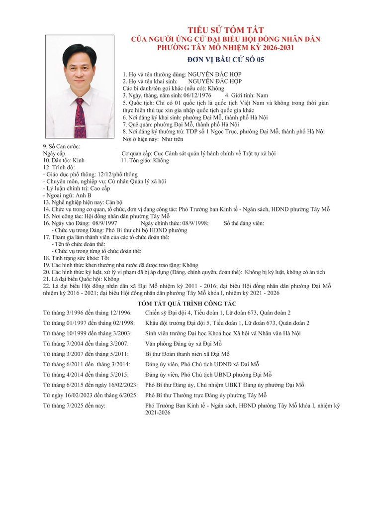 TIỂU SỬ TÓM TẮT
CỦA NGƯỜI ỨNG CỬ ĐẠI BIỂU HỘI ĐỒNG NHÂN DÂN PHƯỜNG TÂY MỖ NHIỆM KỲ 2026-2031
ĐƠN VỊ BẦU CỬ SỐ 05- Ảnh 3.
