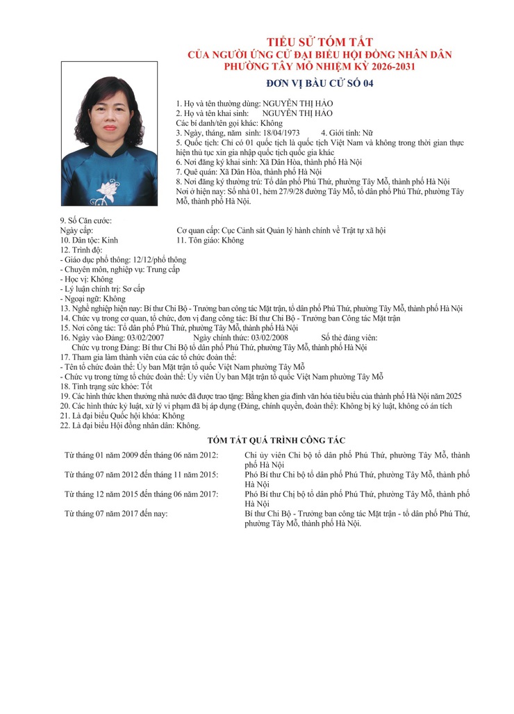 TIỂU SỬ TÓM TẮT
CỦA NGƯỜI ỨNG CỬ ĐẠI BIỂU HỘI ĐỒNG NHÂN DÂN PHƯỜNG TÂY MỖ NHIỆM KỲ 2026-2031
ĐƠN VỊ BẦU CỬ SỐ 04- Ảnh 3.