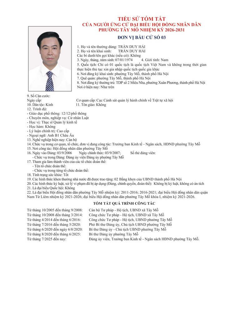 TIỂU SỬ TÓM TẮT
CỦA NGƯỜI ỨNG CỬ ĐẠI BIỂU HỘI ĐỒNG NHÂN DÂN PHƯỜNG TÂY MỖ NHIỆM KỲ 2026-2031
ĐƠN VỊ BẦU CỬ SỐ 03- Ảnh 3.