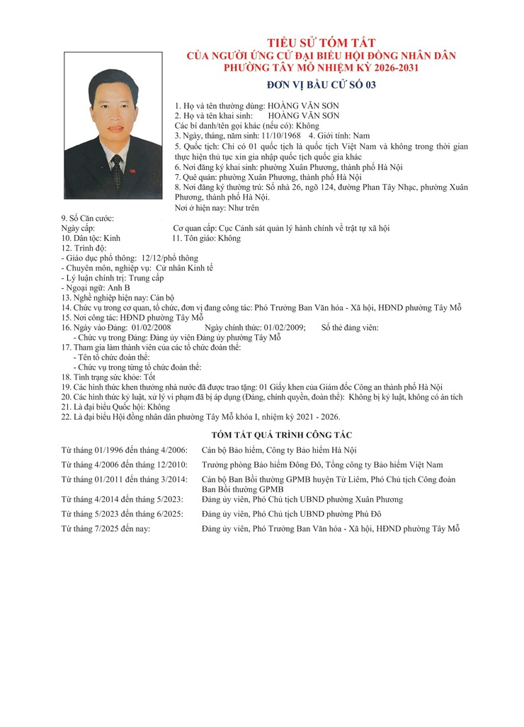 TIỂU SỬ TÓM TẮT
CỦA NGƯỜI ỨNG CỬ ĐẠI BIỂU HỘI ĐỒNG NHÂN DÂN PHƯỜNG TÂY MỖ NHIỆM KỲ 2026-2031
ĐƠN VỊ BẦU CỬ SỐ 03- Ảnh 4.