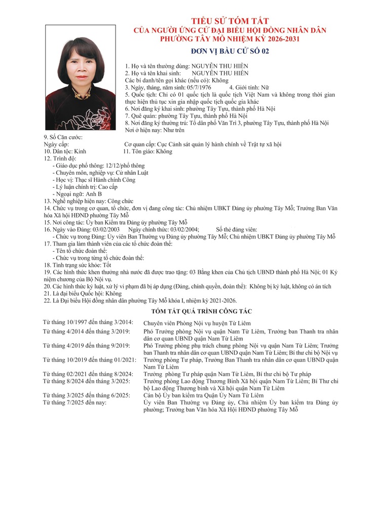 TIỂU SỬ TÓM TẮT
CỦA NGƯỜI ỨNG CỬ ĐẠI BIỂU HỘI ĐỒNG NHÂN DÂN PHƯỜNG TÂY MỖ NHIỆM KỲ 2026-2031
ĐƠN VỊ BẦU CỬ SỐ 02- Ảnh 4.