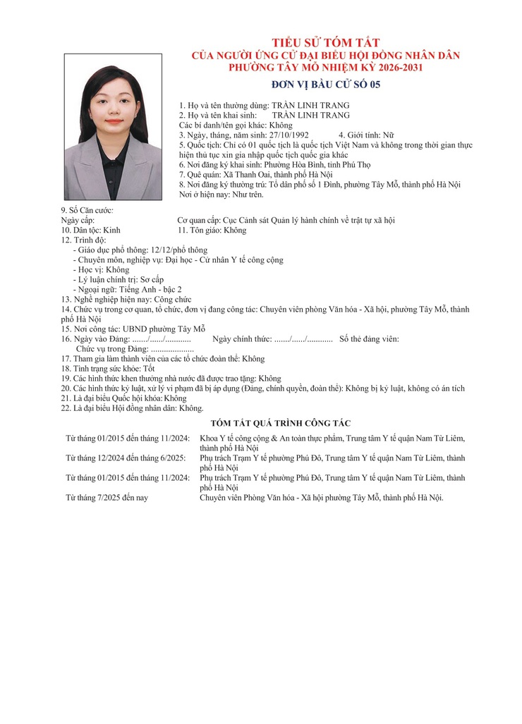 TIỂU SỬ TÓM TẮT
CỦA NGƯỜI ỨNG CỬ ĐẠI BIỂU HỘI ĐỒNG NHÂN DÂN THÀNH PHỐ HÀ NỘI NHIỆM KỲ 2026-2031
ĐƠN VỊ BẦU CỬ SỐ 11- Ảnh 9.