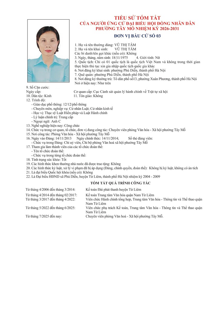 TIỂU SỬ TÓM TẮT
CỦA NGƯỜI ỨNG CỬ ĐẠI BIỂU HỘI ĐỒNG NHÂN DÂN PHƯỜNG TÂY MỖ NHIỆM KỲ 2026-2031
ĐƠN VỊ BẦU CỬ SỐ 03- Ảnh 5.