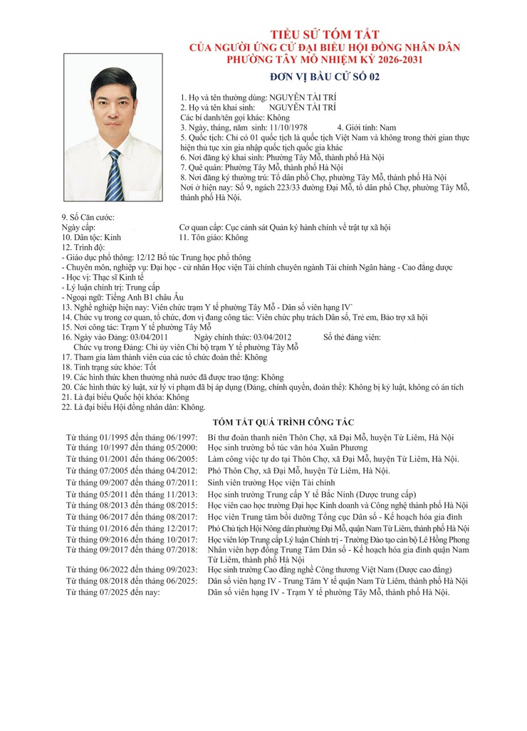 TIỂU SỬ TÓM TẮT
CỦA NGƯỜI ỨNG CỬ ĐẠI BIỂU HỘI ĐỒNG NHÂN DÂN PHƯỜNG TÂY MỖ NHIỆM KỲ 2026-2031
ĐƠN VỊ BẦU CỬ SỐ 02- Ảnh 6.