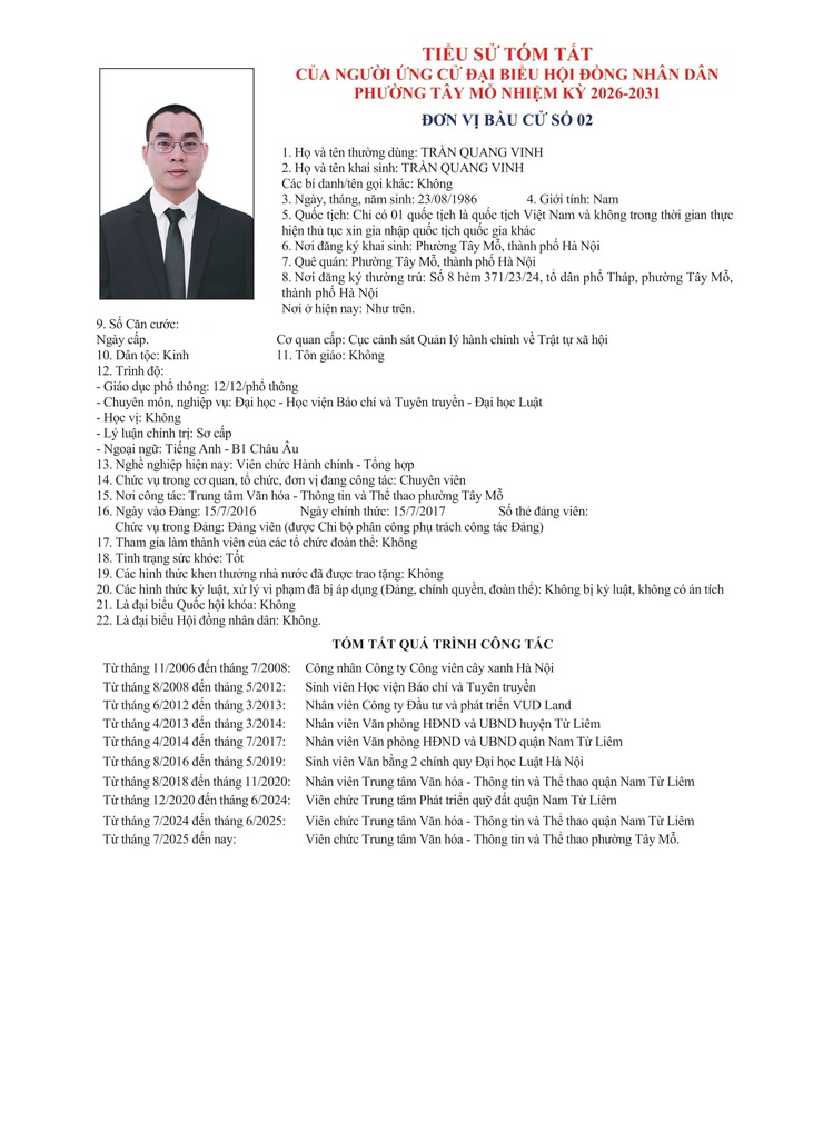 TIỂU SỬ TÓM TẮT
CỦA NGƯỜI ỨNG CỬ ĐẠI BIỂU HỘI ĐỒNG NHÂN DÂN PHƯỜNG TÂY MỖ NHIỆM KỲ 2026-2031
ĐƠN VỊ BẦU CỬ SỐ 02- Ảnh 7.
