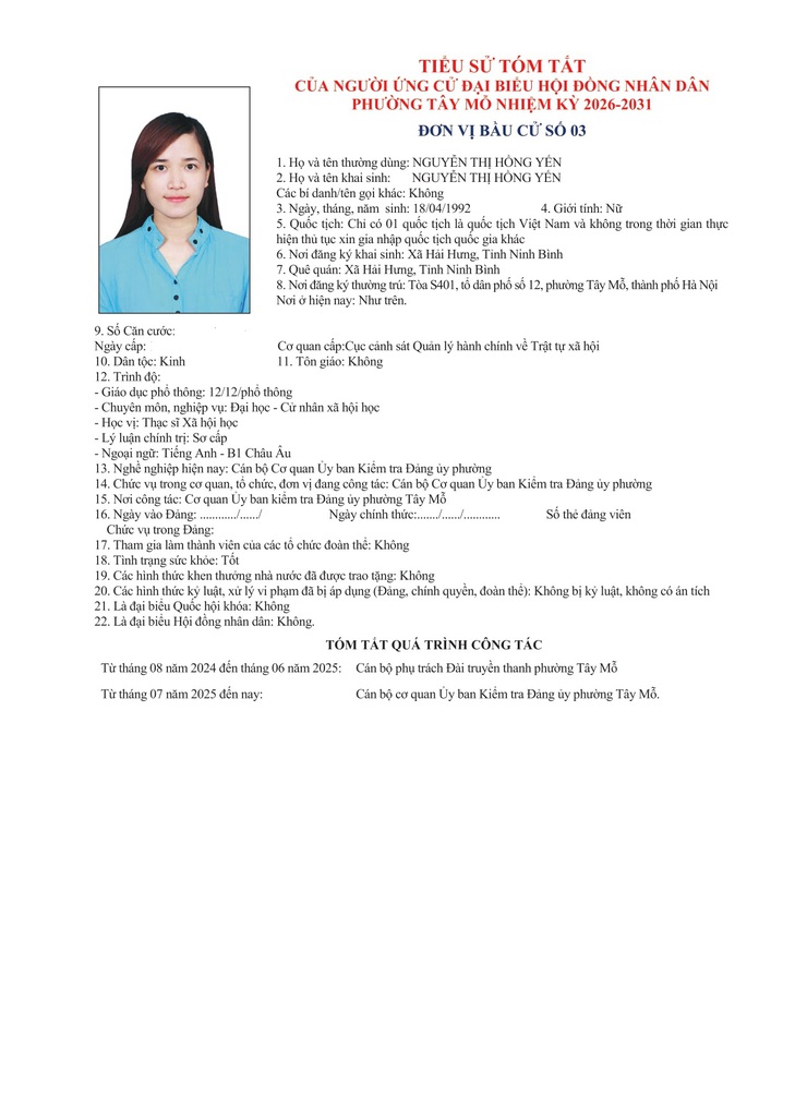 TIỂU SỬ TÓM TẮT
CỦA NGƯỜI ỨNG CỬ ĐẠI BIỂU HỘI ĐỒNG NHÂN DÂN PHƯỜNG TÂY MỖ NHIỆM KỲ 2026-2031
ĐƠN VỊ BẦU CỬ SỐ 03- Ảnh 8.