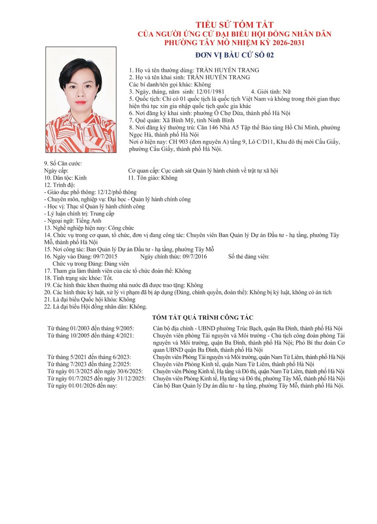 TIỂU SỬ TÓM TẮT
CỦA NGƯỜI ỨNG CỬ ĐẠI BIỂU HỘI ĐỒNG NHÂN DÂN PHƯỜNG TÂY MỖ NHIỆM KỲ 2026-2031
ĐƠN VỊ BẦU CỬ SỐ 02- Ảnh 8.
