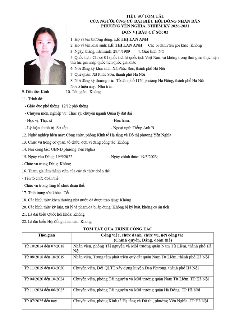 Tóm tắt tiểu sử của người ứng cử Đại biểu HĐND phường Yên Nghĩa, nhiệm kỳ 2026 - 2031. Đơn vị bầu cử số 03- Ảnh 1.