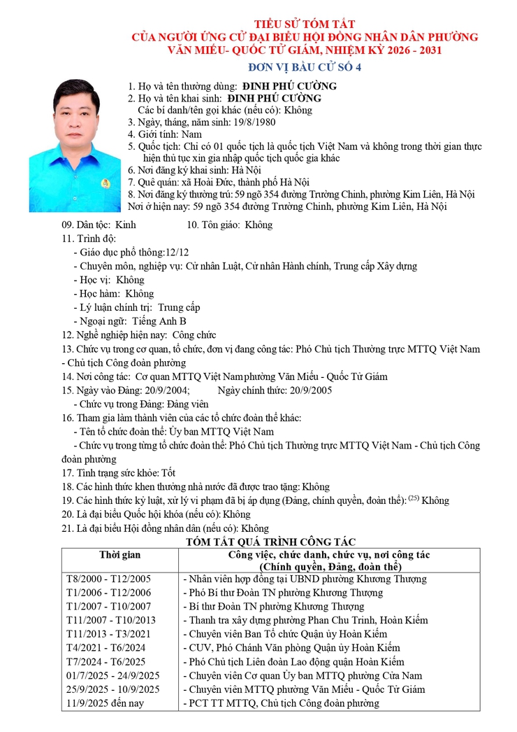 TIỂU SỬ TÓM TẮT NGƯỜI ỨNG CỬ ĐƠN VỊ BẦU CỬ SỐ 4: ĐINH PHÚ CƯỜNG- Ảnh 1.