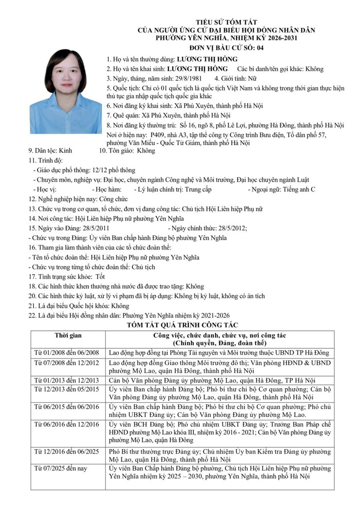 Tóm tắt tiểu sử của người ứng cử Đại biểu HĐND phường Yên Nghĩa, nhiệm kỳ 2026 - 2031. Đơn vị bầu cử số 04- Ảnh 3.