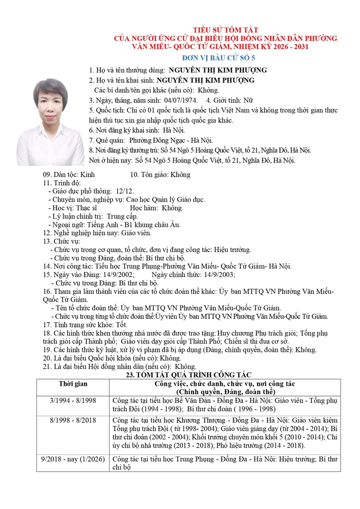 TIỂU SỬ TÓM TẮT NGƯỜI ỨNG CỬ ĐƠN VỊ BẦU CỬ SỐ 5: NGUYỄN THỊ KIM PHƯỢNG- Ảnh 1.