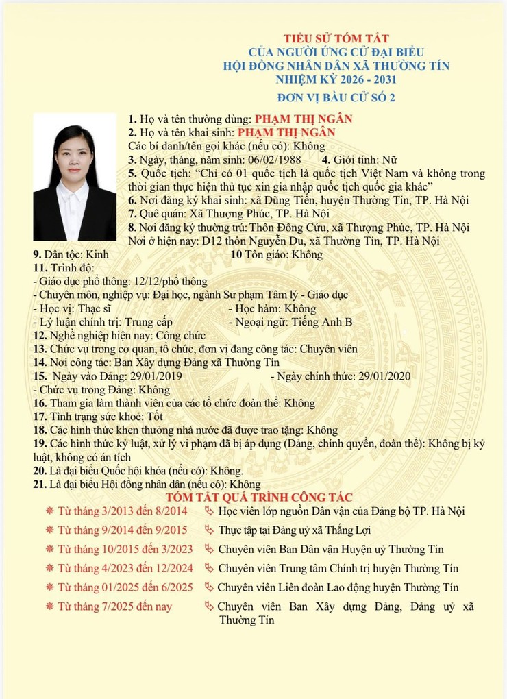 Danh sách và tiểu sử tóm tắt những người ứng cử đại biểu HĐND xã Thường Tín khoá II, nhiệm kỳ 2026 -2031 tại đơn vị bầu cử số 02- Ảnh 5.