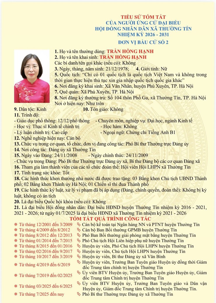 Danh sách và tiểu sử tóm tắt những người ứng cử đại biểu HĐND xã Thường Tín khoá II, nhiệm kỳ 2026 -2031 tại đơn vị bầu cử số 02- Ảnh 2.
