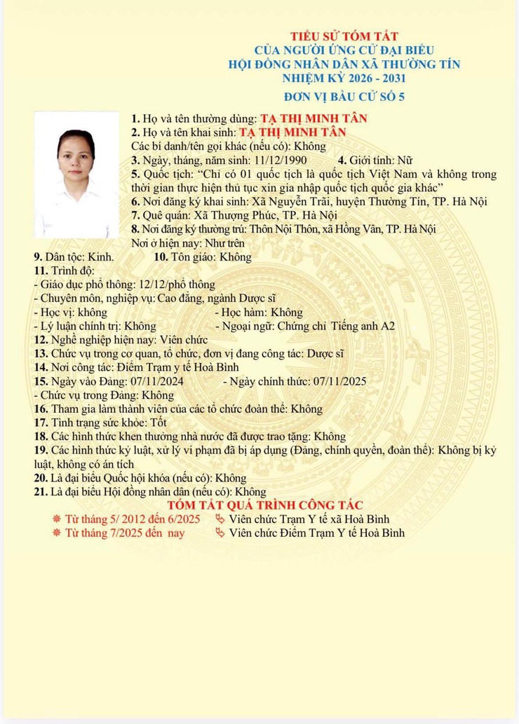 Danh sách và tiểu sử tóm tắt những người ứng cử đại biểu HĐND xã Thường Tín khoá II, nhiệm kỳ 2026 -2031 tại đơn vị bầu cử số 05- Ảnh 6.