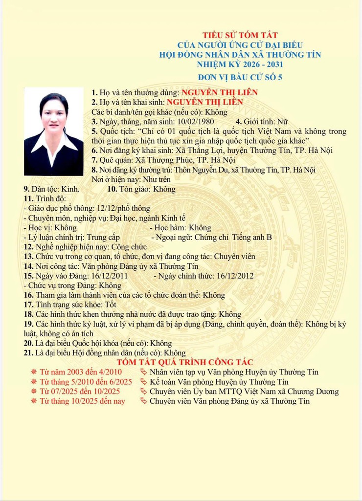 Danh sách và tiểu sử tóm tắt những người ứng cử đại biểu HĐND xã Thường Tín khoá II, nhiệm kỳ 2026 -2031 tại đơn vị bầu cử số 05- Ảnh 5.