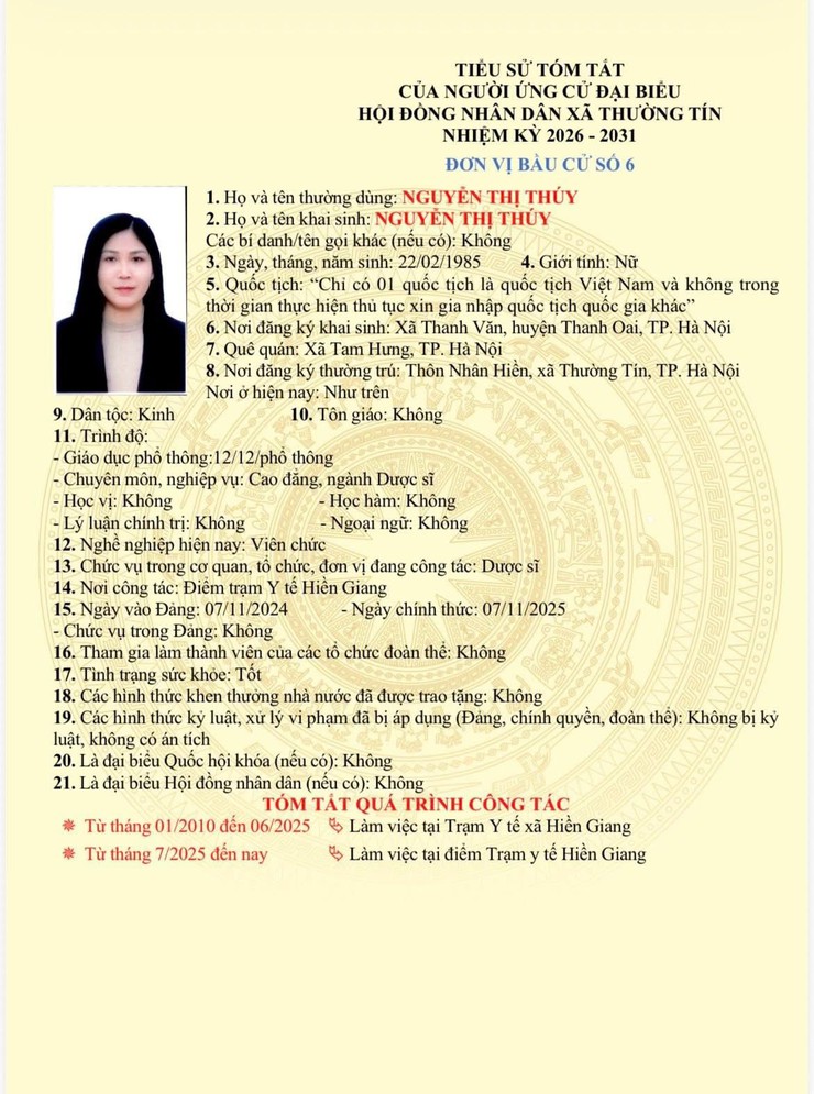 Danh sách và tiểu sử tóm tắt những người ứng cử đại biểu HĐND xã Thường Tín khoá II, nhiệm kỳ 2026 -2031 tại đơn vị bầu cử số 06- Ảnh 6.