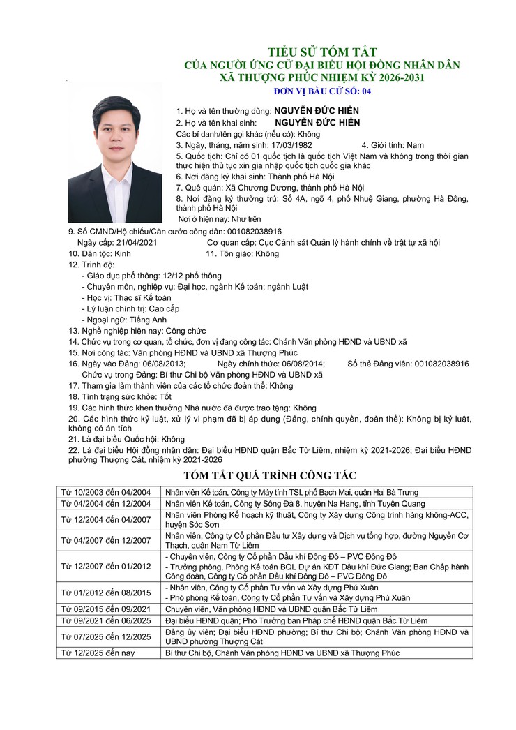 TIỂU SỬ TÓM TẮT CỦA NGƯỜI ỨNG CỬ ĐẠI BIỂU HĐND XÃ THƯỢNG PHÚC, NHIỆM KỲ 2026 - 2031. ĐƠN VỊ BẦU CỬ SỐ 04- Ảnh 3.