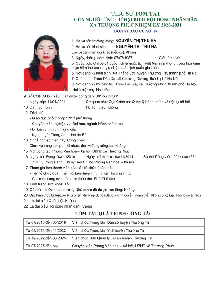 TIỂU SỬ TÓM TẮT CỦA NGƯỜI ỨNG CỬ ĐẠI BIỂU HĐND XÃ THƯỢNG PHÚC, NHIỆM KỲ 2026 - 2031. ĐƠN VỊ BẦU CỬ SỐ 04- Ảnh 4.