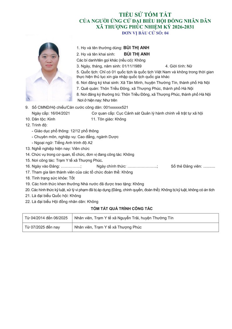 TIỂU SỬ TÓM TẮT CỦA NGƯỜI ỨNG CỬ ĐẠI BIỂU HĐND XÃ THƯỢNG PHÚC, NHIỆM KỲ 2026 - 2031. ĐƠN VỊ BẦU CỬ SỐ 04- Ảnh 9.